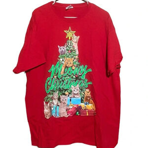 Meowy Christmas Cat Tree Mens Red T-Shirt‎ Crazy Ugly Dec 25th Size XL